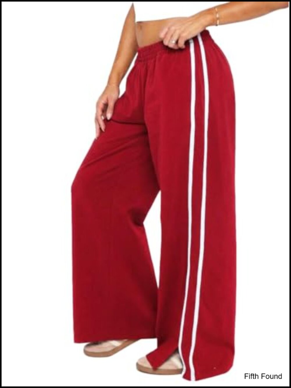 Women's Wide Leg Pants with Side Pockets, Double Stripe, Split Hem, Casual